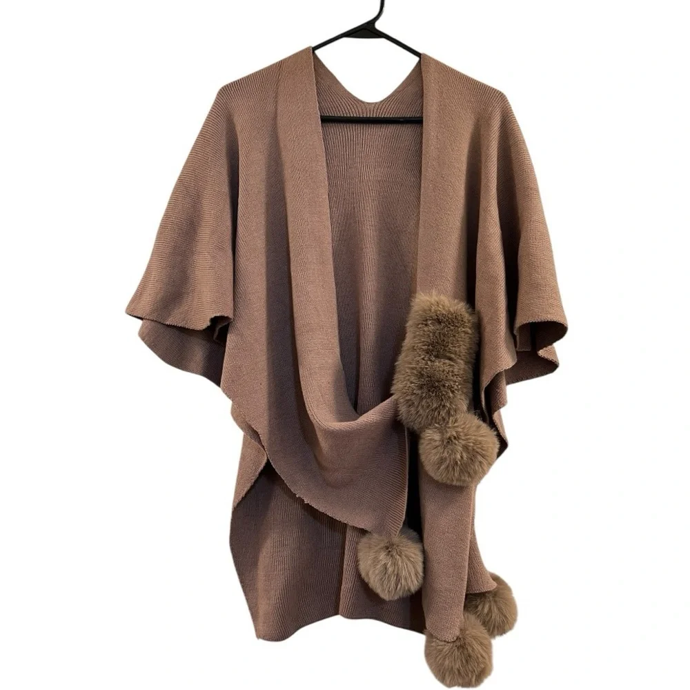 Knit Faux Fur Keyhole  Pom Pom Edge Scarf Wrap Shawl dh.